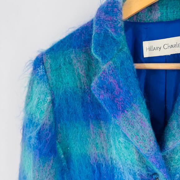 Vintage Hillary Charles Mohair Wool Blend Plaid Jacket Blue Green USA Made - Picture 9 of 10